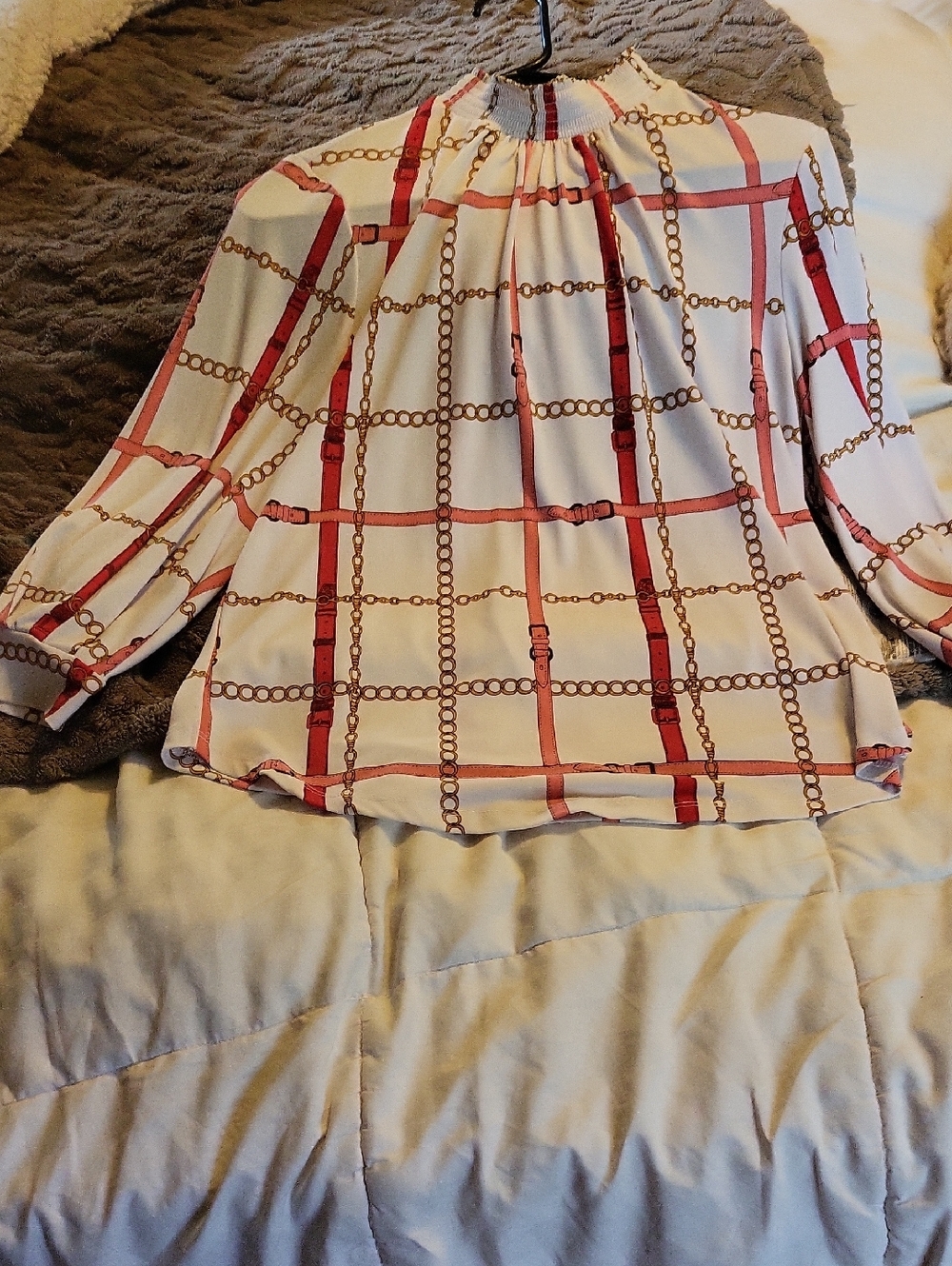 Cream Blouse with Red Chain-Grid Print and Gathered Neck